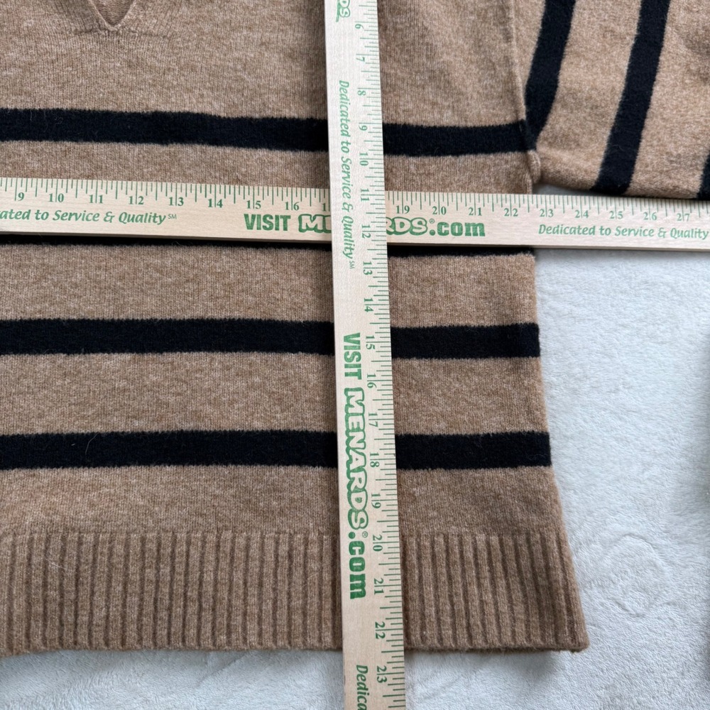 Womens Tan Black Striped Polo V-Neck Wool Blend Sweater Oversized Small Preppy - Picture 3 of 6